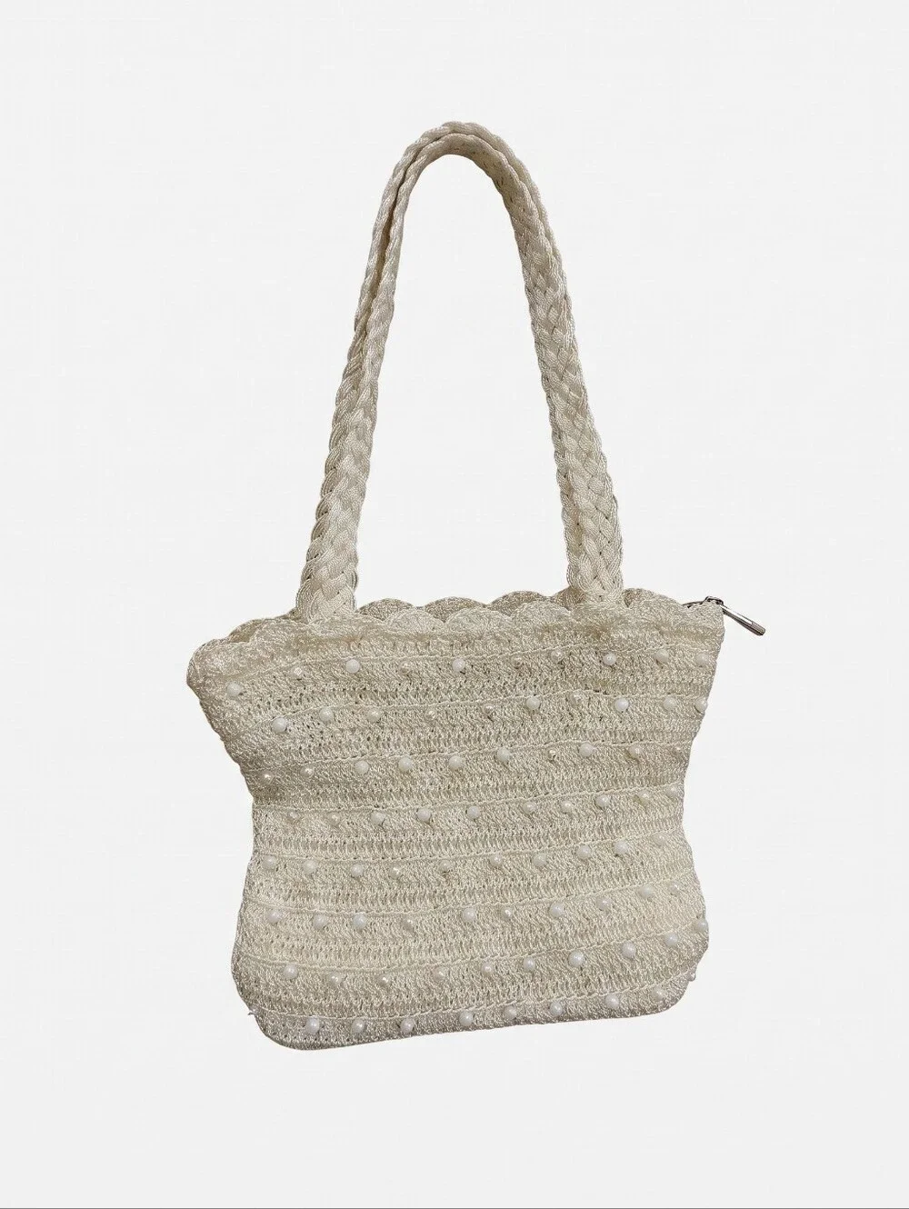 Vintage Cream Braided Pearl-Accent Woven Tote